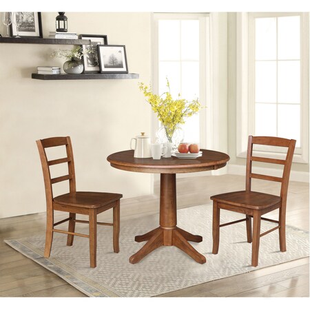 International Concepts 36 in. Round Extension Dining Table with Leaf and 2 Madrid LadderBack Chairs - 3 Piece Dining Set K42-36RXT-27B-C2-2